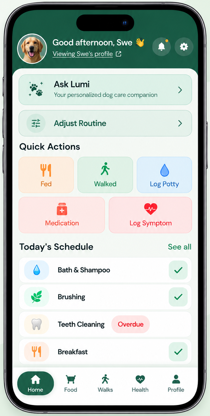 FurEverBuddy home screen showing quick actions and today's schedule