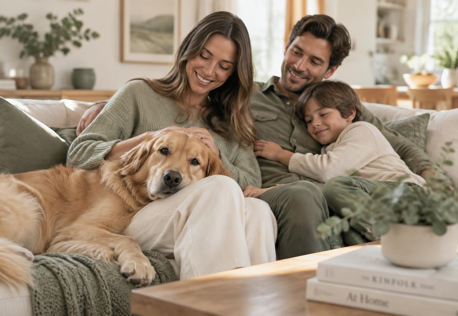 A family relaxing on the sofa with their golden retriever
